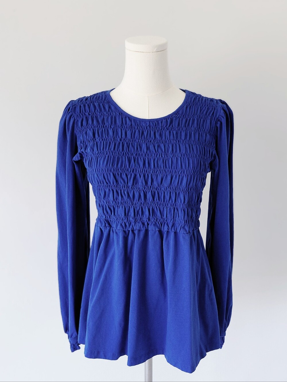 NWOT Elegantees Smocked Peplum Top Size S Royal Blue Long Sleeve Shirred